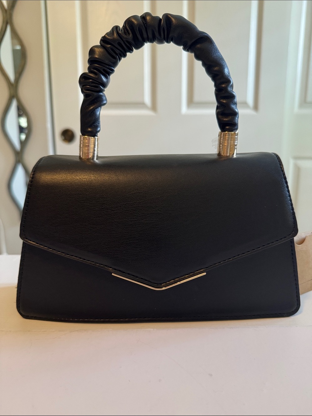 Structured Black Mini Top-Handle Bag with Ruched Handle by Aldo